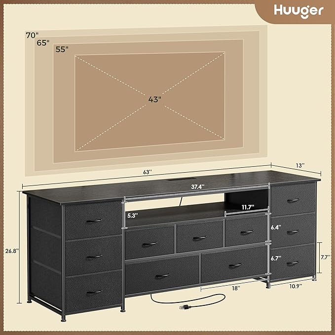 Huuger Large TV Stand for 65, 70 Inch TV, 11 Drawer Long Dresser with Power Outlets and LED Lights, Entertainment Center with Storage, Black Dresser with PU Leather Surface, 13" D x 63" W x 26.8" H