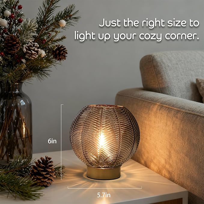 Battery Operated Lamp with Timer, Cordless Amber Glass Table Lamp, Battery Powered Small Lamps Decorative for Living Room Bedside Shelf Corner -Amber