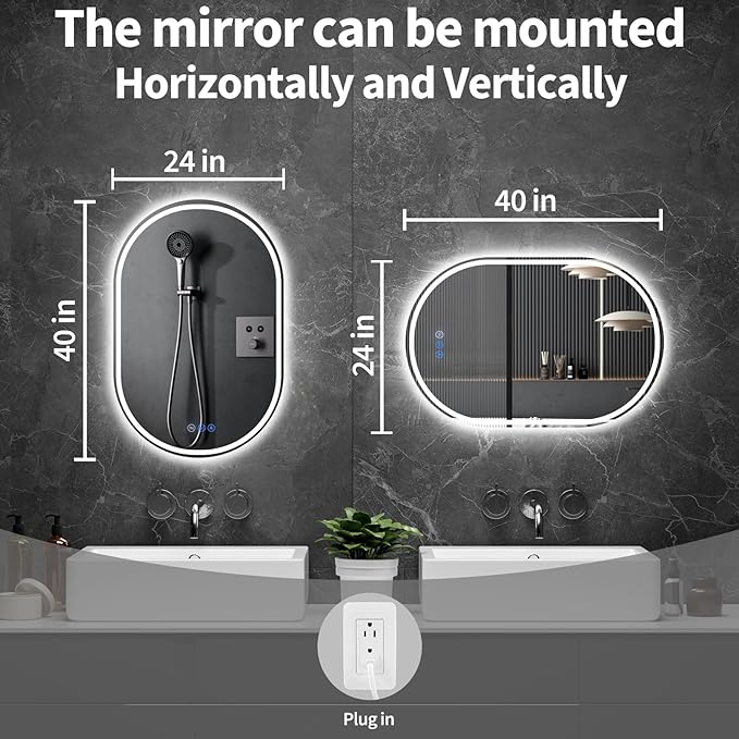 Oval LED Bathroom Mirror, 24"x 40" Frameless LED Mirror with Front Light and Backlit, Anti-Fog, Dimmable Modern Wall Mounted Lighted Mirror，Pill-Shaped Smart Mirror Bathroom