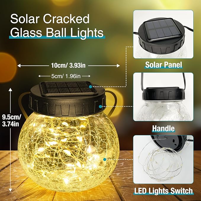 Kolpop Solar Lantern, 2 Pack Solar Lights Outdoor Waterproof with 30 LED, Hanging Globes Lights Cracked Glass for Garden Decor Patio Backyard Outdoor,Warm White