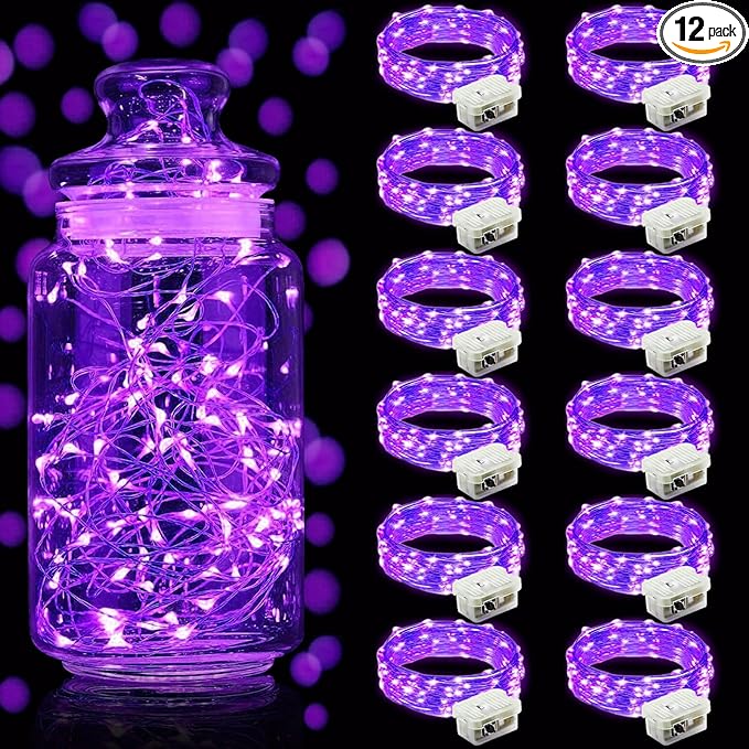 Aogist 12 Pack Fairy Lights 3 Modes 7ft 20 LED Waterproof,Battery Operated Silver Wire Firefly Starry Moon Mini String Lights for Mason Jars Christmas Halloween DIY Crafts Wedding Party Bedroom,Purple