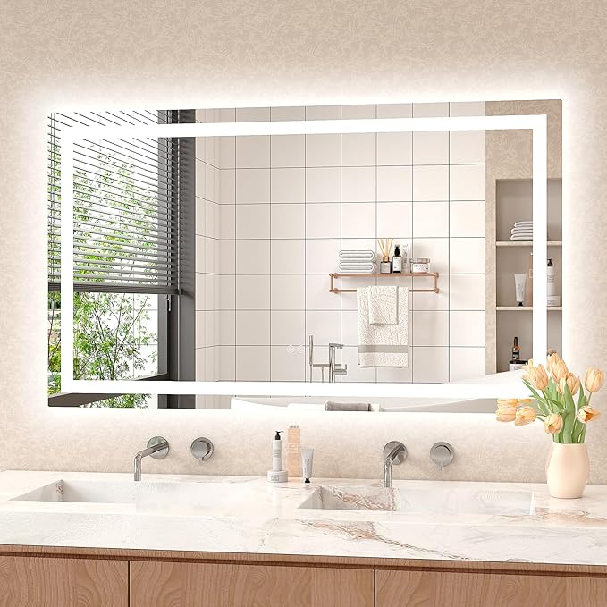 LED Mirror for Bathroom 48x28 Lighted Bathroom Vanity Mirrors with Lights, Brighter Frontlit and Backlit Anti-Fog Mirror, Tempered Glass, Dimmable 3 Colors Light Modes, Memory Function