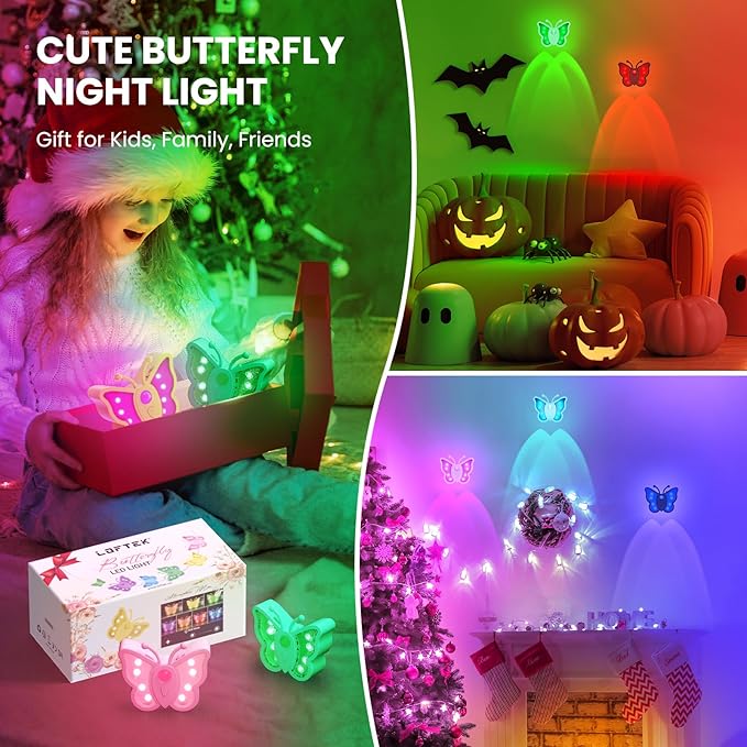 LOFTEK Rechargeable Motion Sensor Night Light, RGB Color Changing & Dimmable Butterfly Night Light for Kids, Wireless Stick on Wall, Bedside, Bathroom, Hallway, Stairs, Cabinet, Black