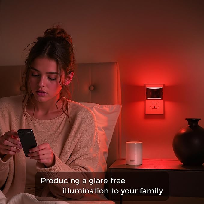 L LOHAS LED Night Light with Motion Sensor & Dusk to Dawn Sensor, Night Lights Plug into Wall with 30-100lm Adjustable Brightness, Dimmable Night Light for Bathroom Hallway, Red, 2 Pack