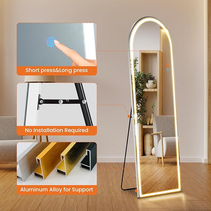 Sweetcrispy Arched Full Length Mirror with LED Lights, 61"x17" Lighted Floor Mirror with Dimming & 3 Color Lighting, Stand for Bedroom, Dressing Room
