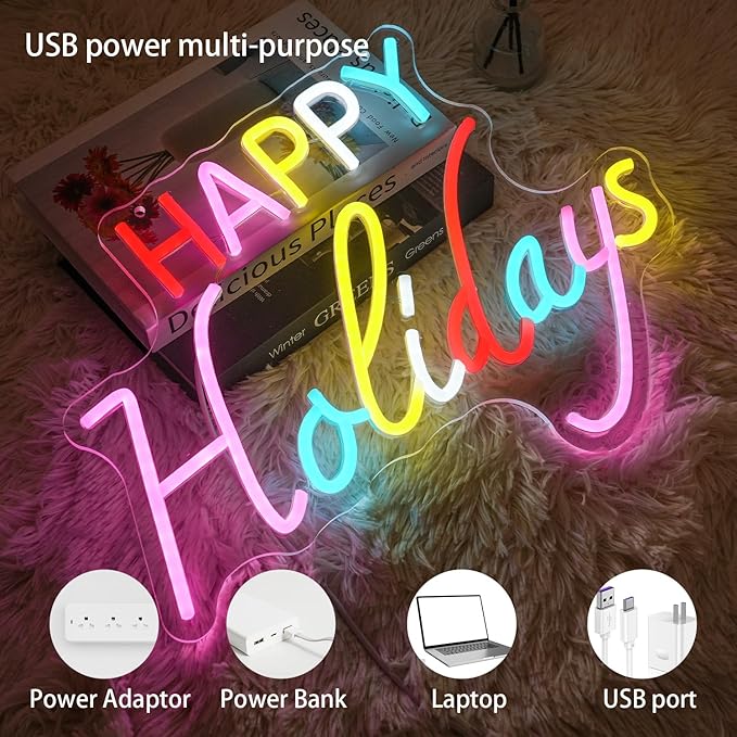 Happy Holidays Neon Sign for Wall Decor, Colorful Letter Neon Light, Dimmable Holiday LED Light Up Sign for New Year Party, Home Bar, Living Room, Wall Decorations