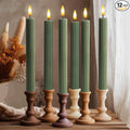 12 Pack, 10" LED Flameless Loden Green Fluted Ribbed Grooved Taper Candles, Remote & 24h Timer Memory, On/Off Button, Dimmable, Flicker Mode, Battery Operated, Christmas Menorah Wedding