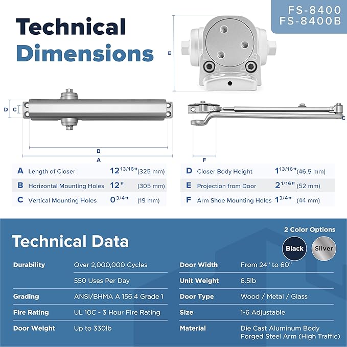 Commercial Door Closer FH-8400 Heavy Duty Adjustable Grade 1 Standard Automatic Door Closing Hinge - ADA Compliant UL & CUL UL10C Listed - Aluminium Finish - High Traffic (Silver)