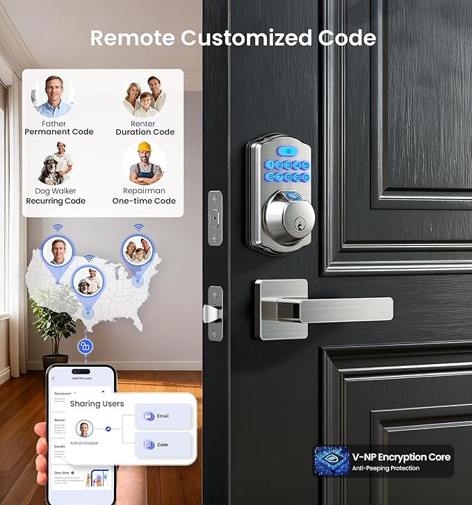 Veise VE012W-L Built-in Wi-Fi Fingerprint Smart Lock with Lever Handle Set, App Remote Control, Keyless Entry for Front Door, Deadbolt Digital Backlit Keypad, Voice Assistant, Auto Lock, Satin Nickel