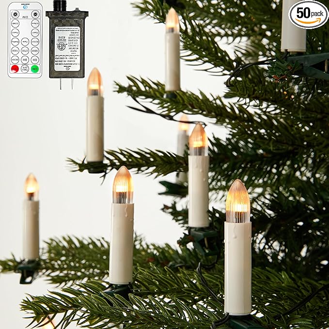 50 Pcs Christmas Flameless Candles Lights, 2025 New Candle Lights with 3 Color & 11 Mode Remote Control, 3D Flickering LED Candle String Lights for Christmas Trees, Fireplaces, Church, Wedding