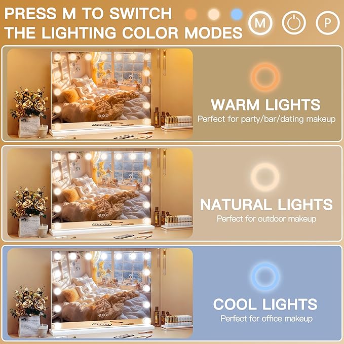 ROLOVE 23"x18" Hollywood Vanity Mirror with Lights, 15 Dimmable LED Bulbs, led Makeup Mirror with 3 Color Modes, Lighted Vanity Mirror for Tabletop or Wall-Mounted