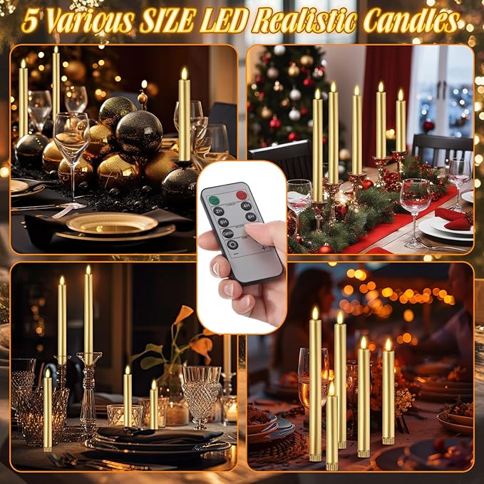 10 Pcs Flameless Taper Candles with Remote Battery Operated Taper Candles Include 6.5'' 7.7" 8.9" 10" 11.2" Fake LED Electric Candle Sticks for Valentine's Day Home Wedding Decor (Gold)