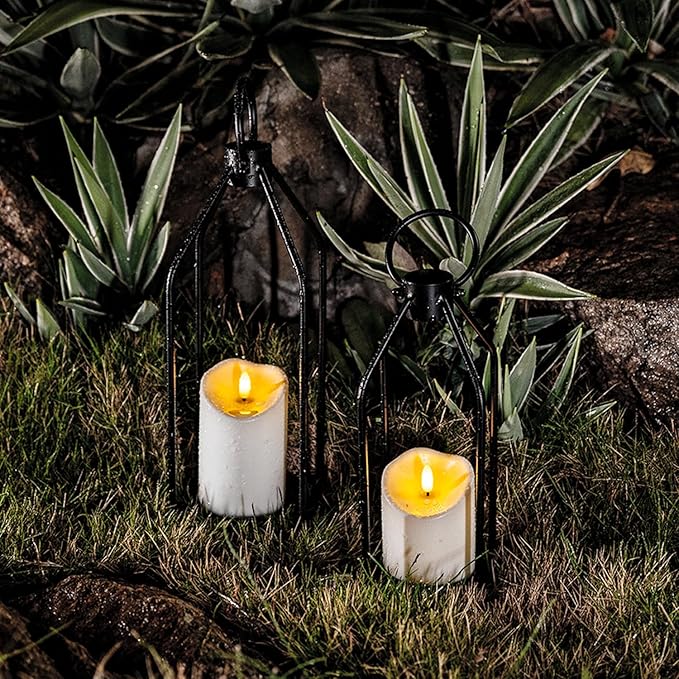 Homemory Modern Farmhouse Lantern Decor with Waterproof Flameless Candle & Remote Timer, 2PCS Black Metal Candle Lantern Decorative for Outdoor Indoor Home Living Room Patio Porch Table