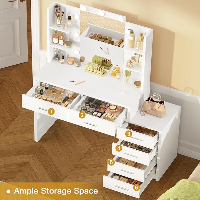 Quimoo 43.3" W Vanity Desk with Mirror and 9 LED Lights, Makeup Vanity with 6 Drawers, 6 Open Shelves, White Vanity for Women Girls, 43.3" W x 13.8" D x 54.3"