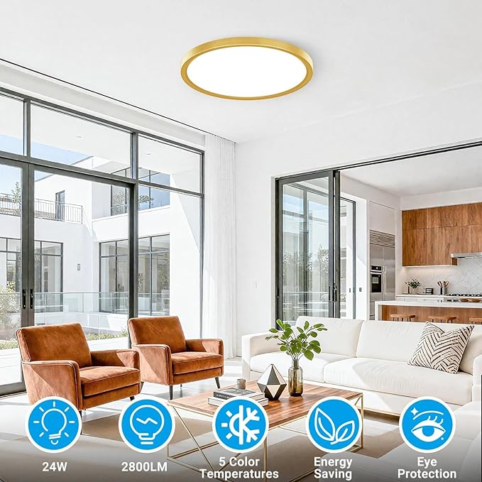 2 Pack LED Flush Mount Ceiling Light,12Inch 24W,3000K/3500K/4000K/5000K/6500K 5 Color Temperatures Ceiling Light Fixture for Kitchen Porch Hallway Bedroom Bathroom and Closet,Gold