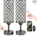 Hong-in Gray Crystal Lamp Touch Control Set of 2, Crystal Table Lamps with USB C+A Ports & AC Outlet, 3-Way Dimmable Nightstand Touch Lamp, Modern Bedside Table Lamp for Bedroom(Bulbs Included)