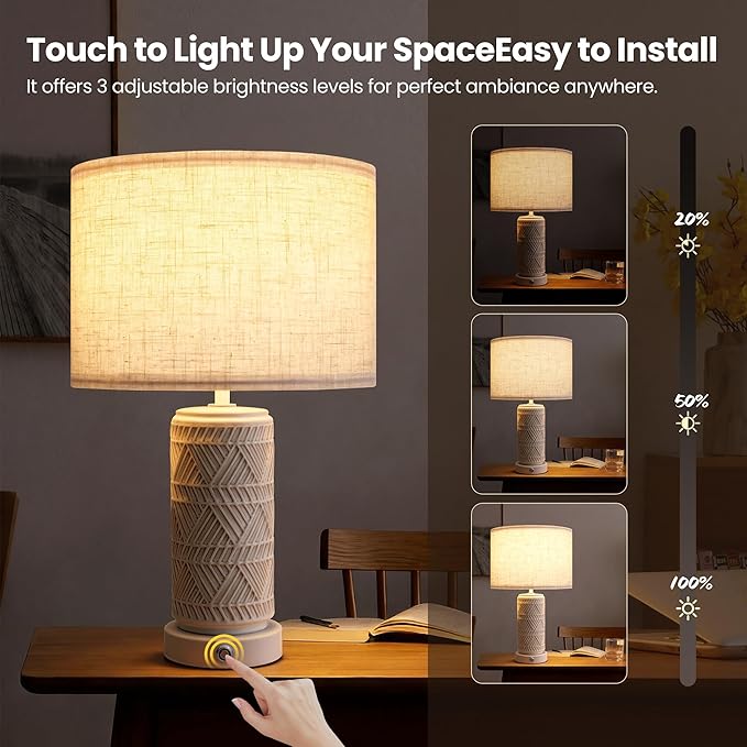 Touch Table Lamp Set of 2 for Home and Modern Farmhouse Decor - Ceramic Boho Bedside Lamps with USB Port - White Nightstand Light for Bedroom, Living Room, Side Tables and Small Night Stand