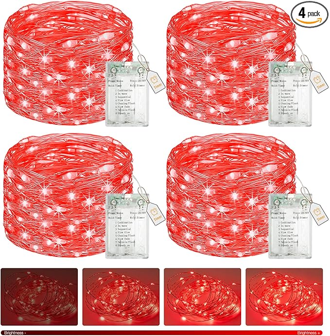 btfarm 4 Pack Valentines Day Fairy Lights Battery Operated with Timer, 16.4 FT 50 LED Silver Wire Twinkle String Lights 8 Modes Dimmable Waterproof for Indoor Party Christmas Bedroom Wedding, Red