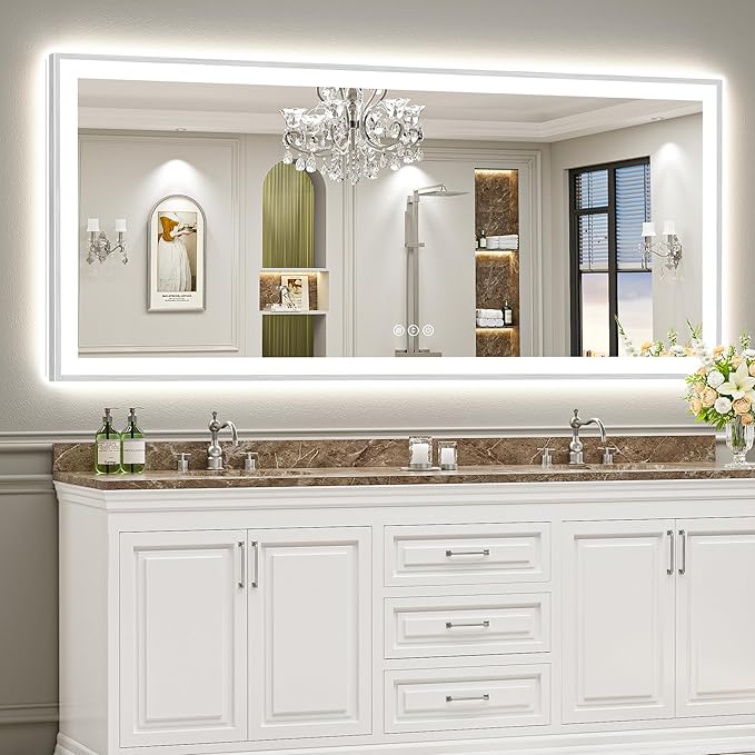 88x38 Brushed Nickel LED Bathroom Mirror with Lights, Sliver Framed Backlit and Front Lit Anti-Fog Lighted Vanity Mirrors for Bathroom Wall, Dimmable, 3 Colors, Memory, Tempered Glass, CRI＞90