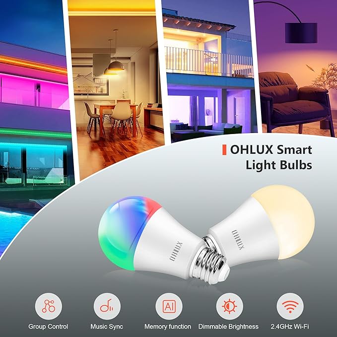 OHLUX Smart WiFi & Bluetooth Alexa Light Bulbs, 10W (100W Equivalent) Color Changing Light Bulbs with Music Sync,Compatible with Alexa Google Home Siri, A19 E26 900LM 4Pack
