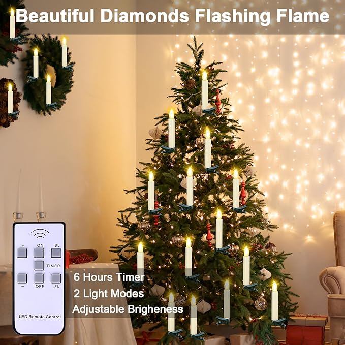 LED Christmas Candles, Flickering Clip on Candles for Christmas Tree, Battery Operated with Remote Timer, Warm White Light, Flameless Taper Candle for Home Christmas Decor, Set of 20