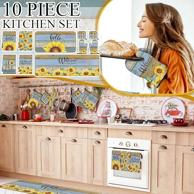 Fourluoo 10 Pcs Sunflower Kitchen Decor Set Sunflower Kitchen Towels and Rugs Oven Mitts and Pot Holders Farmhouse Decor for Women Mom Gift Cooking Baking Grilling