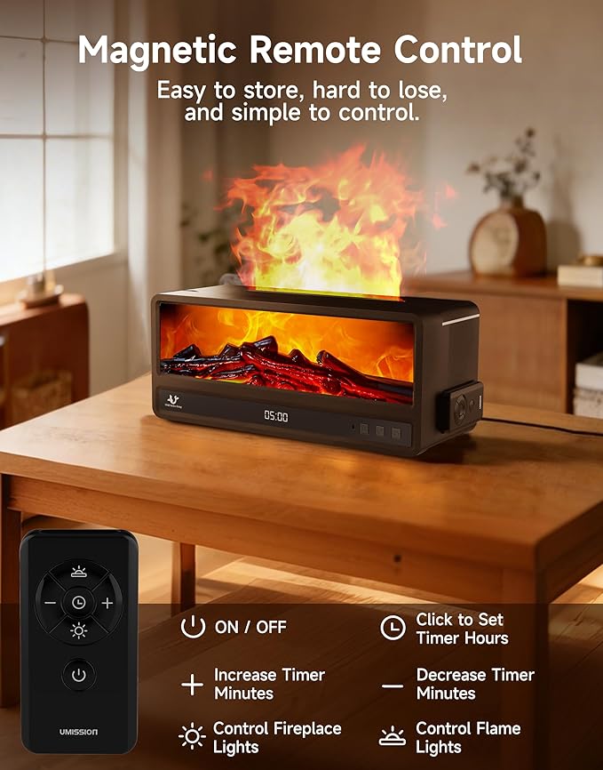 Fireplace Essential Oil Diffuser with Realistic Flame Effect, 250ML Aroma Diffuser, 7 Color LED Lights, Remote Control, Quiet Mist for Bedroom Home Office (Black)