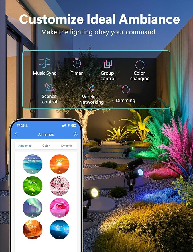 Smart Landscape Lights, APP Controlled RGBCW Color Changing Spot Lights, IP65 Waterproof 24V Low Voltage Outdoor Spotlights for Garden Yard Pathway Holiday Decor (No Adapter)