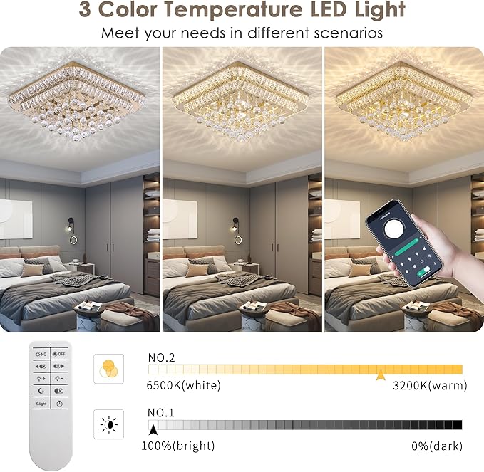 REDSTAR 24" Gold Crystal Ceiling-Light Flush Mount with Remote and APP, 3 Colors Temp & Brightness Adjustable, Modern Crystal Raindrop Chandeliers for Bedroom Hallway Dinning and Living Rooms-Square