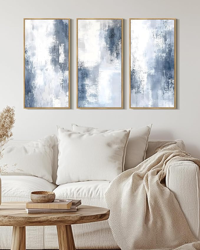 KUVIOKE Large 12x24in Abstract Wall Art Blue Gray White Minimalist Painting Modern Decor Bedroom Living Room Ready to Hang Natural Framed