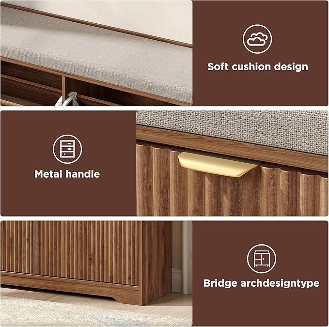 Maupvit 39.4" Fluted Shoe Bench with Storage, Narrow Entryway Bench with Removable Seat Cushion & 2 Flip-Drawers, Shoe Cabinet Bench, Boho Hidden Shoe Rack for Entrance, Hallway, Living Room (Walnut)