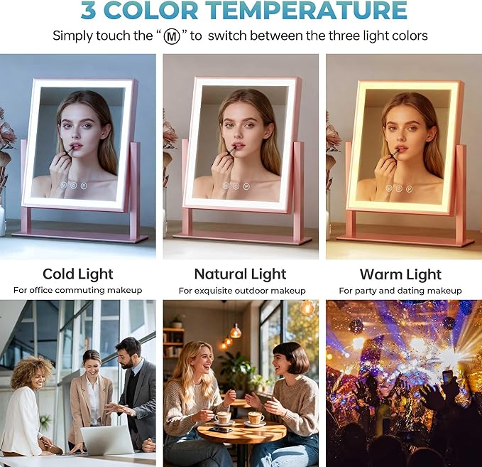 LED Lighted Vanity Mirror 11.81"x13.38" - Sensitive Smart Touch, 3 Dimmable Modes, 360° Smooth Rotation Desk Makeup Mirror Pink