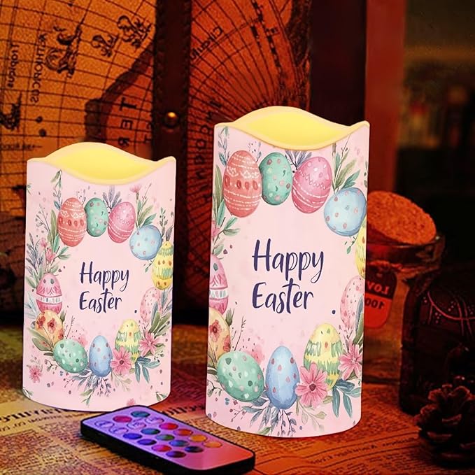 Easter Egg and Floral Plastic Flameless Candles with Remote Control and Timer LED Flickering Battery Electric Pillar Candles for Table Easter Decoration