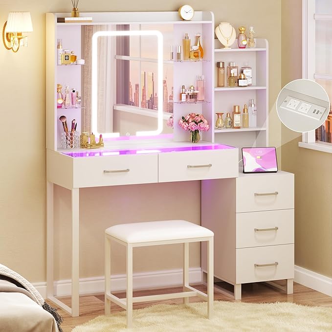 Vanity Desk with Mirror and Lights 3 Colors, 43.3" Makeup Vanity with Glass Top & RGB Light, White Vanity Table Set with Stool, 5 Drawers & Power Outlet for Bedroom Dressing Room