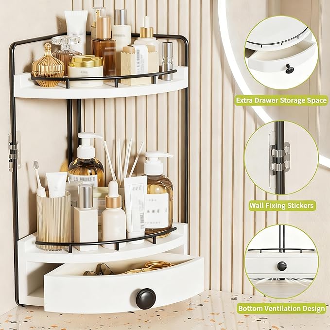 2-Tier Corner Bathroom Countertop Organizer with Drawer, Wooden Vanity Organizers for Makeup and Skincare Storage, Corner Counter Shelf with Embedded Screw Holes, White