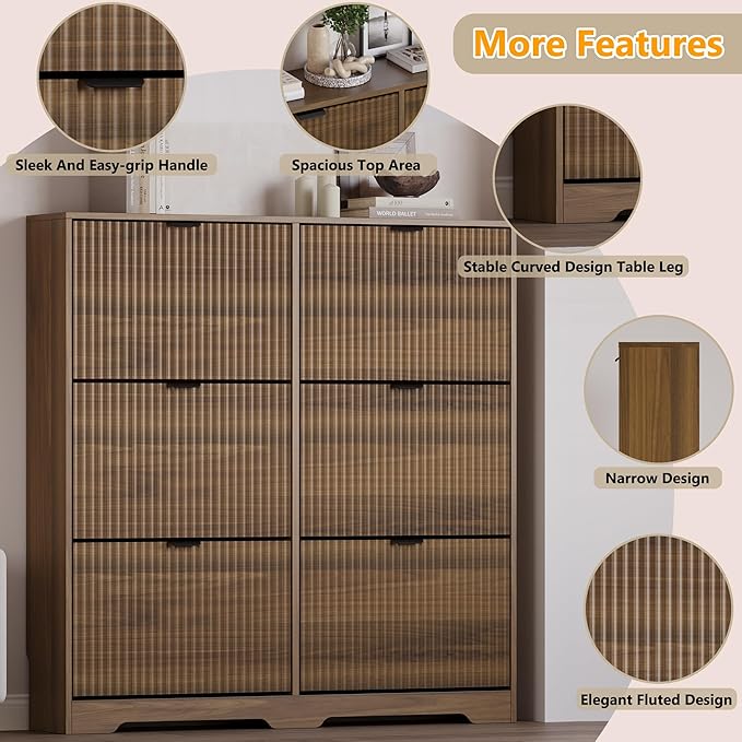 Large Shoe Cabinet for Entryway, Tall Narrow Shoe Storage Cabinet with 6 Flip Drawers and Adjustable Shelves, Shoe Rack Cabinet Organizer for Hallway, Foyer, Small Apartment
