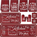 Fourluoo 10 Pcs Farmhouse Kitchen Decor and Accessories Set 4 Kitchen Towels 2 Pot Holders 2 Oven Mitts 2 Rugs for Cooking Baking Mom Housewarming Gifts(Red,Classic Style)