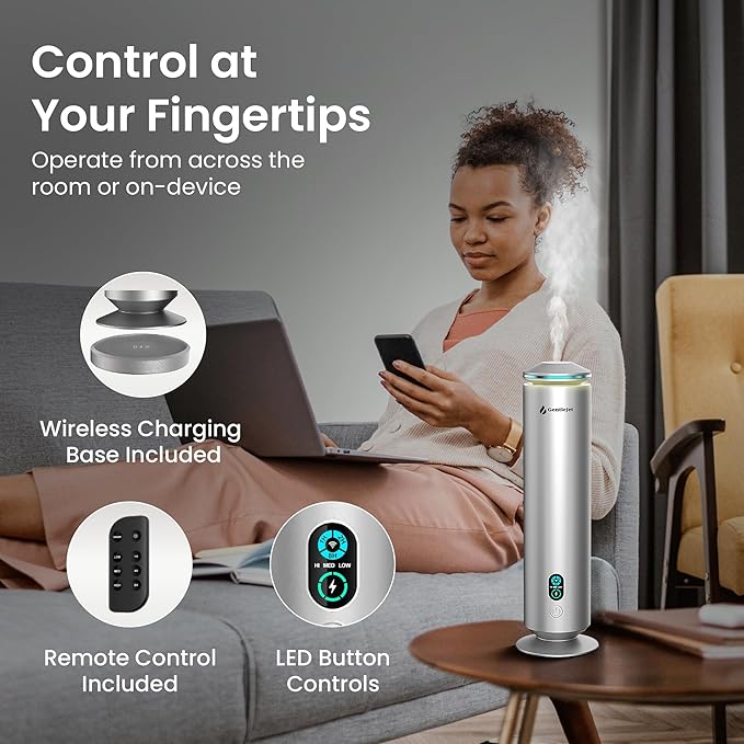 MajesticMist Waterless Essential Oil Diffuser, Rechargeable Aluminum Cold-Air Aroma Diffuser for Large Rooms up to 1000 sq ft, Wireless Charging Base, Quiet, 4 oz, Remote Control