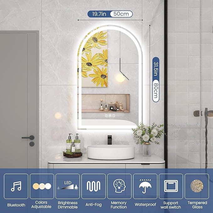 STARLEAD 32"x20" Arched LED Bathroom Mirror with Bluetooth Speaker, Dimmable Lighting, 3 Color Temperature, Anti-Fog, Touch Control Wall Mounted Vanity Mirror