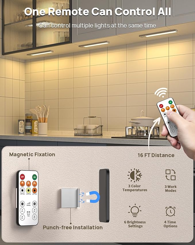 Under Cabinet Lighting Wireless, 12'' Rechargeable Motion Sensor Light Indoor, 3 Color Temps & Dimmable Closet Lightis with Remote, Magnetic Under Counter Lights for Kitchen, Pantry, Stairs, 7 Pack