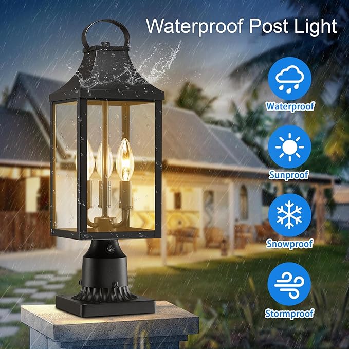 18.62'' Dusk to Dawn Post Light Outdoor, Large 3-Light Lamp Post Light Fixture, Modern Pillar Outside Lighting Waterproof Post Lantern Lamp Outdoor Post Light Fixtures Pole Lights for Porch, 1 Pack