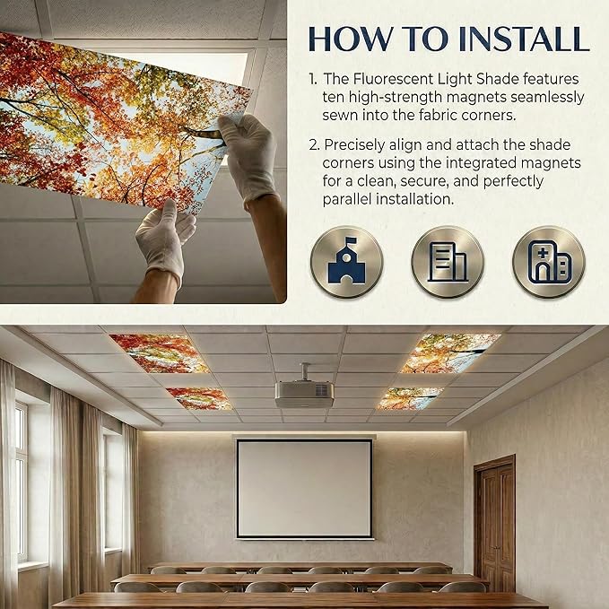 4 Pack Fluorescent Light Covers for Ceiling Lights -Magnetic Cloud Cover for Fluorescent Or LED Fixture 2ft x 4ft Classroom,Home,Office Decoration Filters Overhead Lighting-Autumn leaves