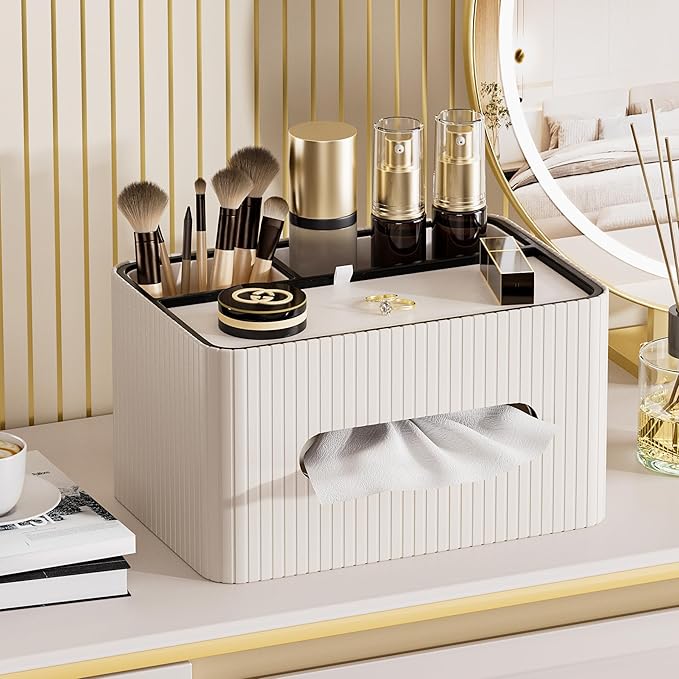 KINGFOM Leather Tissue Box Cover with Storage Tray, Decorative Tissue Box Holder Organizer for Office Desk, Bedroom & Nightstand, Remote Control Holder for Perfume, Watch, Glasses, Pens (Ivory White)