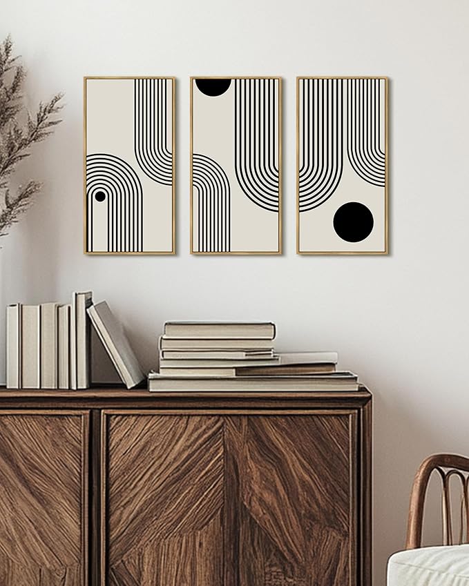 KUVIOKE Boho Wall Decor Black Minimalism Line Abstract Bohemian Art Ready To Hang 8x16in3pcs Natural Framed