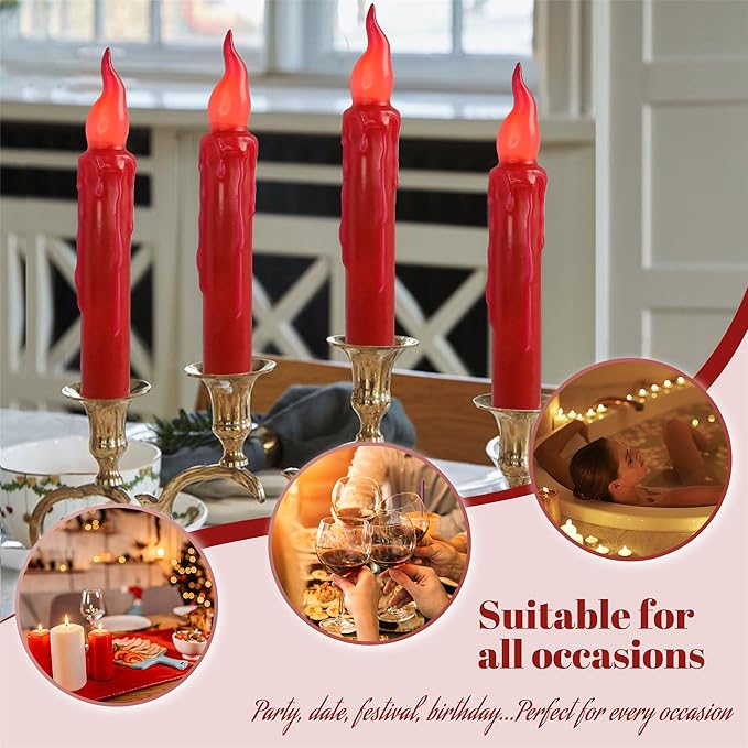 Red Candlesticks Flameless Taper Candle, 4pcs Short LED Tapered Candles Remote Dipped Candle 6inch Battery Chandelier for Enchanting Christmas Harry Potter Inspired Vigils,R