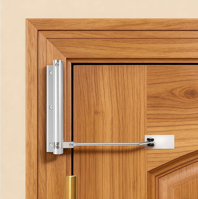 Automatic Door Closer, Stops Door Slamming, Ultra-Quiet Soft Close for Home & Apartment Doors, Upgraded Aluminum Roller Arm, Scratch-Free, Adjustable Speed, Self Closing Spring Door Closer, Silver