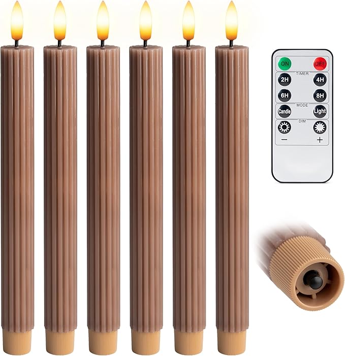 6 Pack, 10" LED Flameless Brown Tan Fluted Ribbed Grooved Taper Candles, Remote & 24h Timer Memory, On/Off Button, Dimmable, Flicker Mode, Battery Operated, Christmas Menorah Wedding