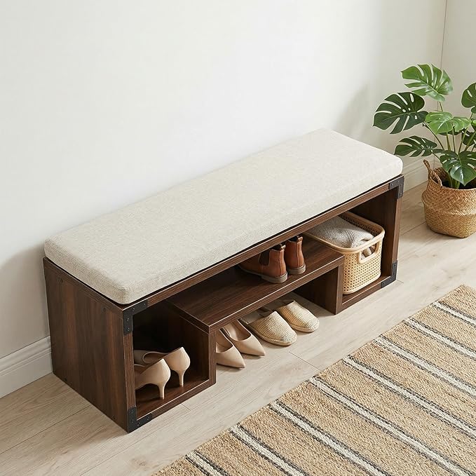 Tribesigns Shoe Storage Bench with Cushion, 47" Entryway Bench with Storage Shelf and Removable Padded Seat for Entryway, Hallway, Living Room, Bedroom, Vintage Brown