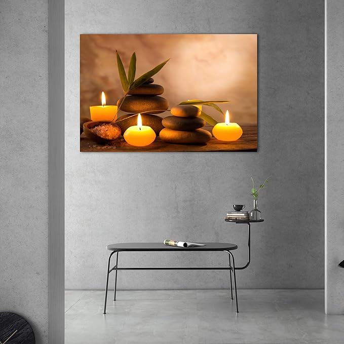 Zen Wall Art Decor, Modern Bathroom Zen Decor Wall Art, Large Zen Relaxing Canvas Wall Art for Spa Room Decor, Black Pebble and Lighted Candles Zen Art Prints for Office & Spa Wall Decor 28x40 Inches