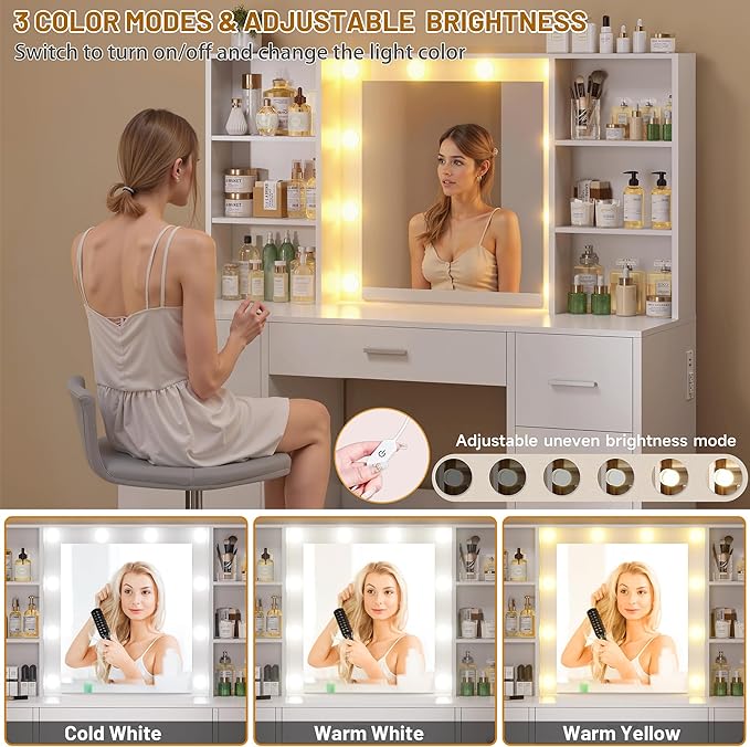 Vanity Desk with Mirror and LED Lights, Large Vanity with 7 Drawers and 6 Shelves, Makeup Vanity Dressing Table with Charging Station for Girls, Women (White)